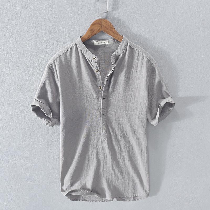 Herren Baumwoll Leinen Shirt mit Stehkragen Kurzarm