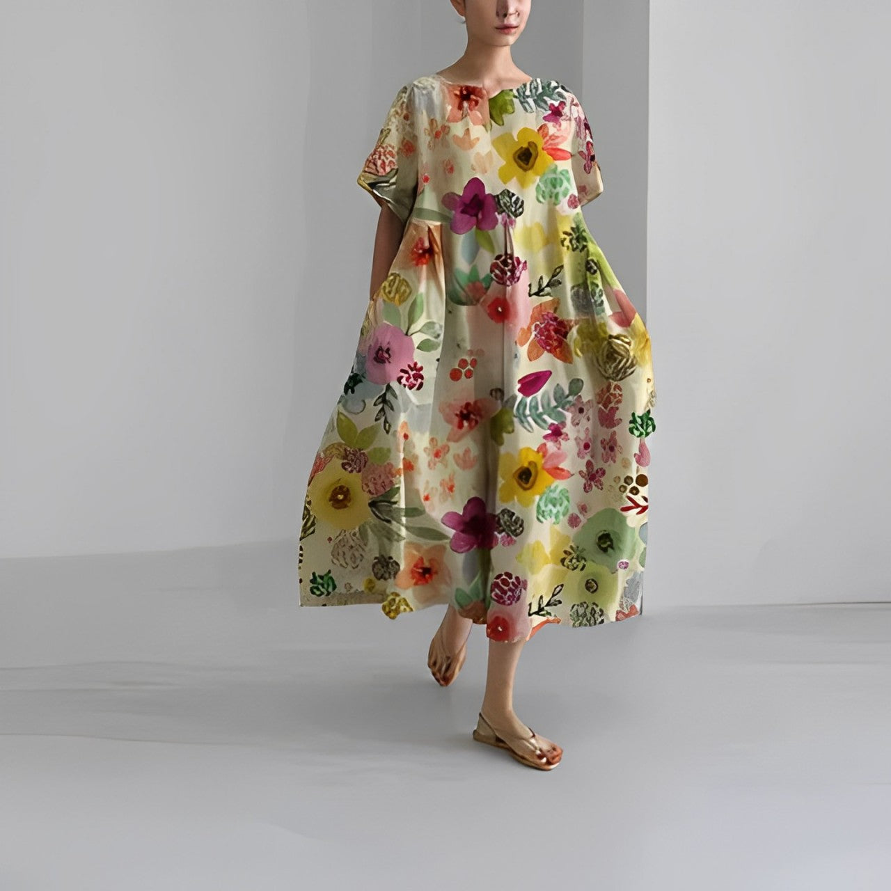 Locker geschnittenes Midikleid mit farbenfrohem Blumenprint