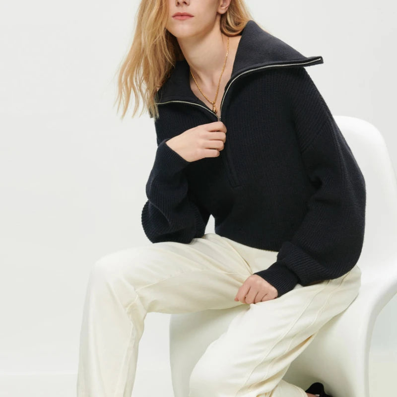 Damen Pullover halber Reißverschluss Strick