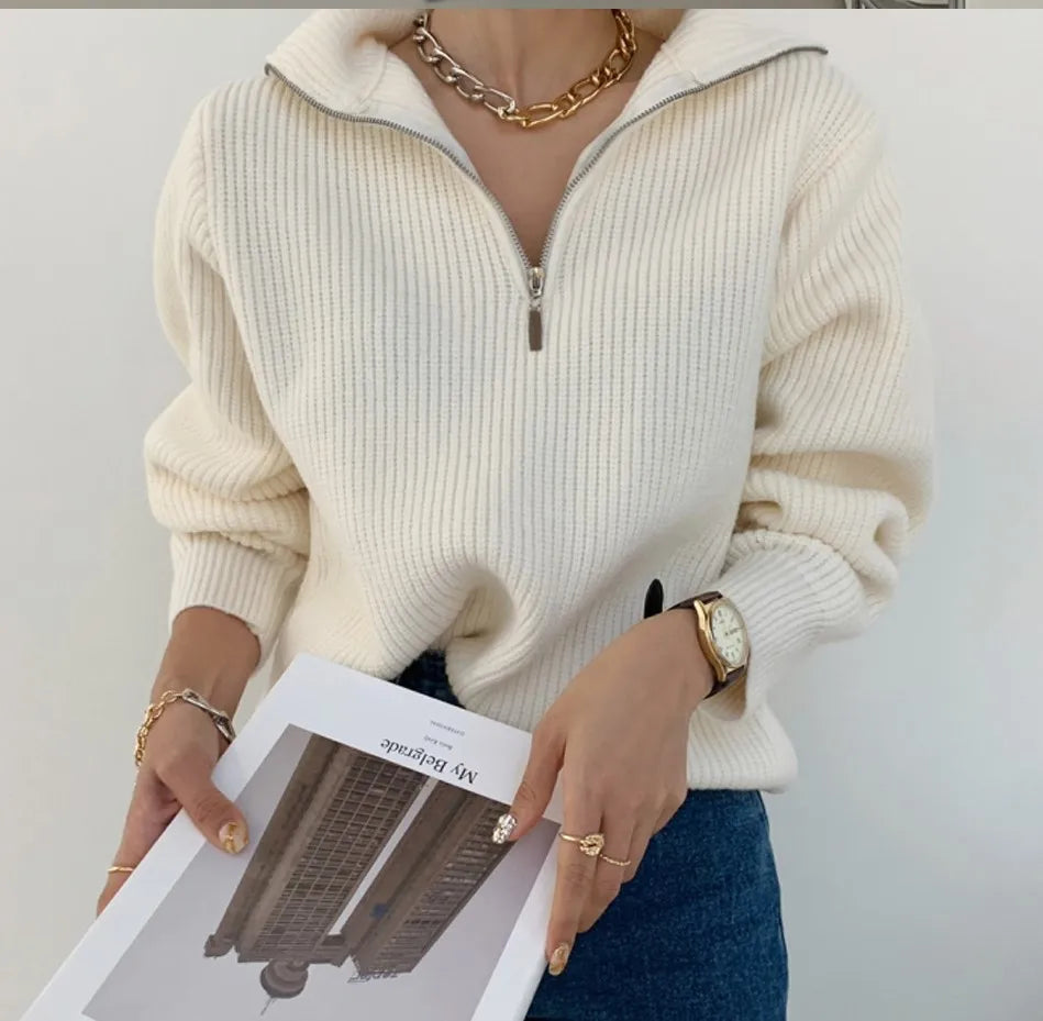 Damen Pullover halber Reißverschluss Strick