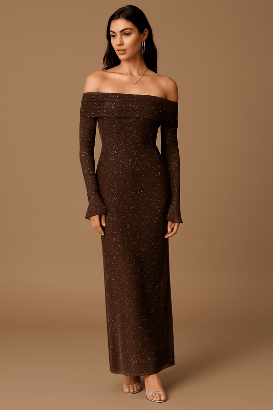 Maxikleid Damen Off Shoulder – Pailletten mit Flounce Ärmeln