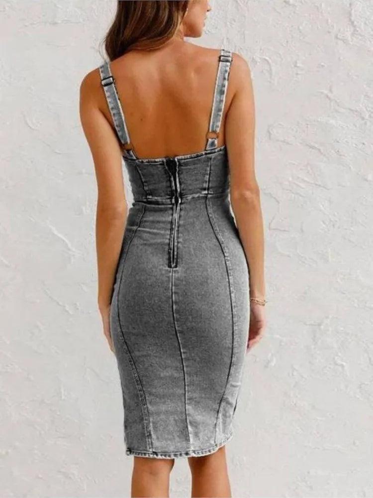 Midikleid Damen Denim Verstellbare Träger Bodycon