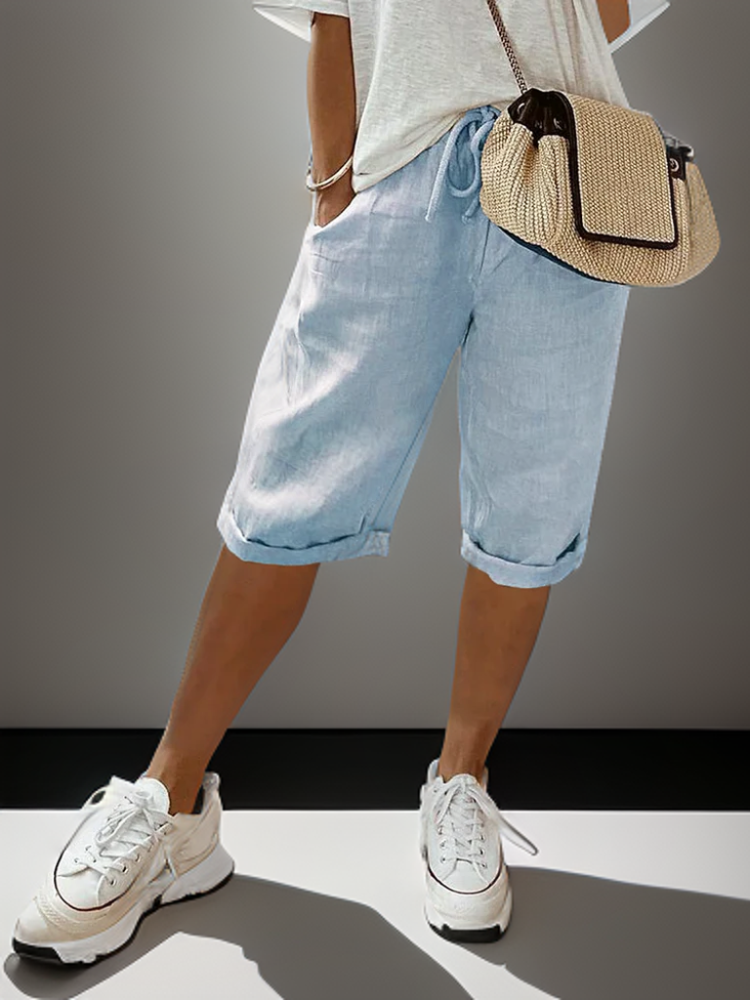 Damen Leinen-Shorts mit Kordelzug und Umschlag
