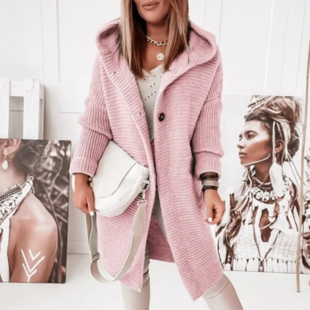 Halblanger Gestrickter Damen-Cardigan mit Knopfleiste und Kapuze