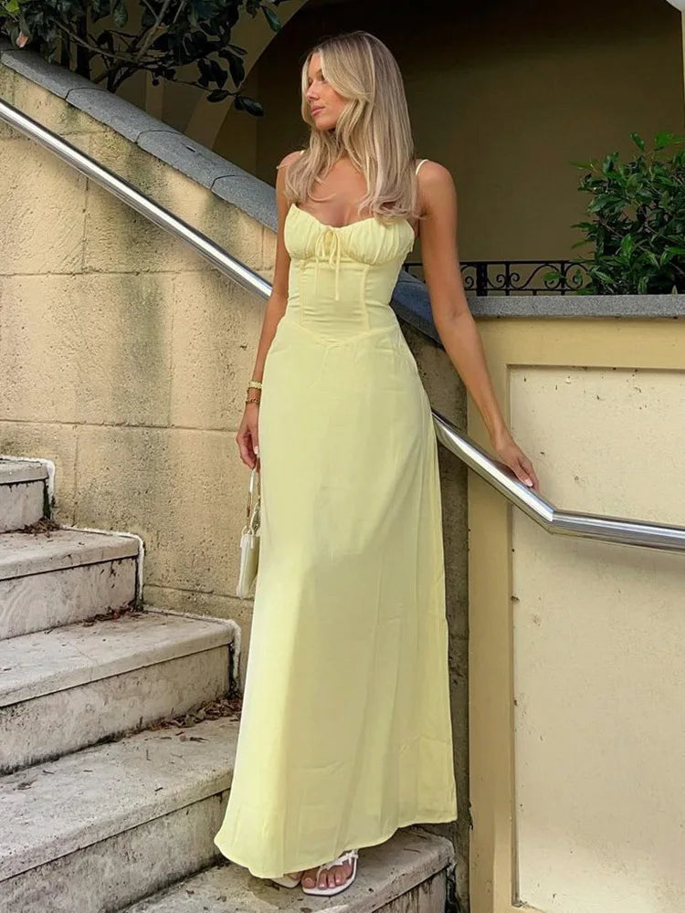 Maxikleid Damen mit Corsage Spaghettiträgern und leichter A Linien Form