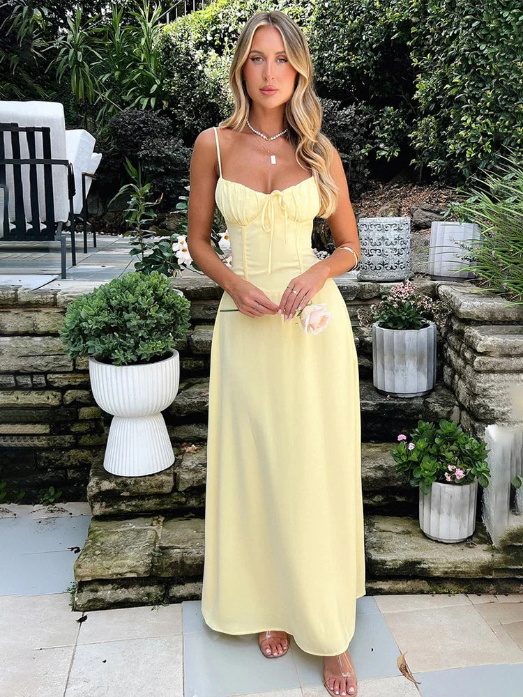 Maxikleid Damen mit Corsage Spaghettiträgern und leichter A Linien Form