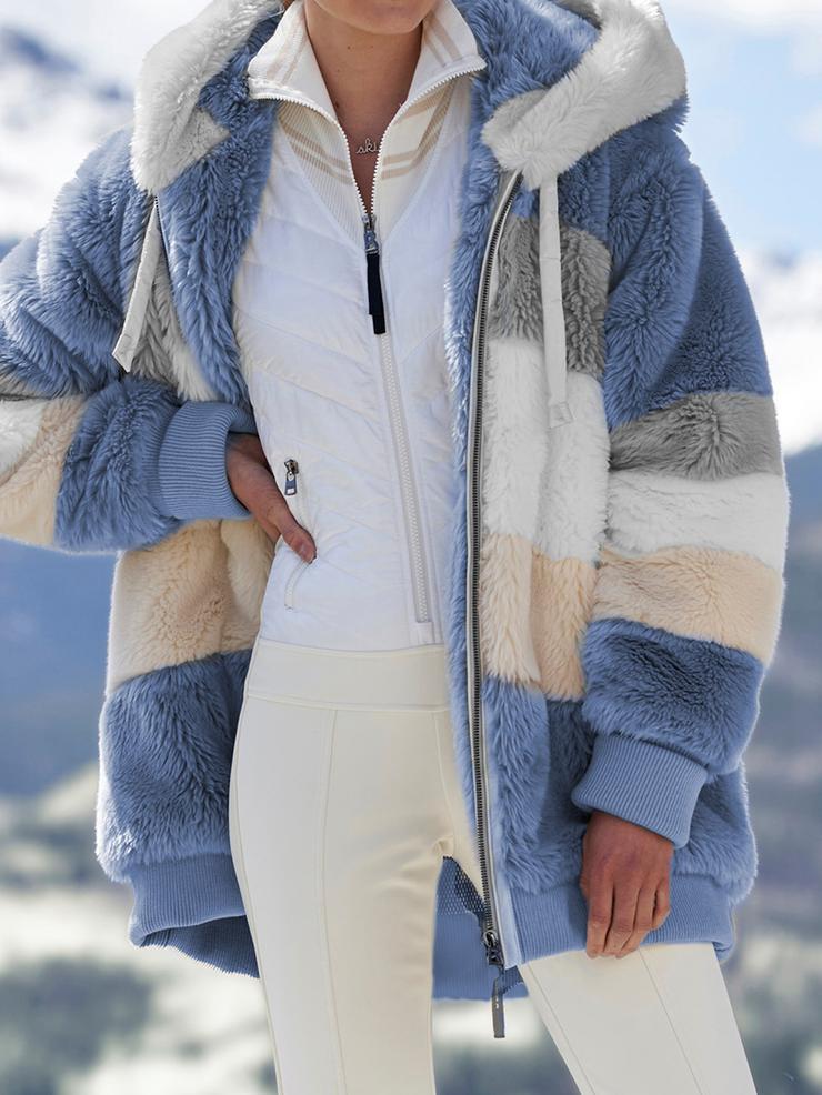 Damen Fleecejacke mit Kapuze Farbblock Optik für Herbst & Winter
