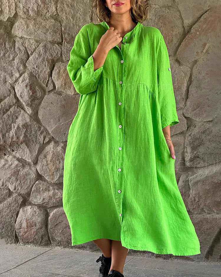 Baumwoll Leinen Kleid Damen locker luftig mit Taschen für Alltag und Urlaub