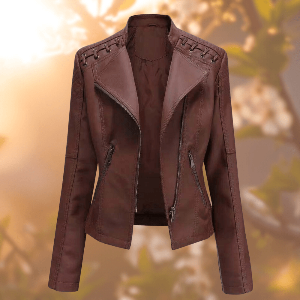 Klassische Damen-Lederjacke mit Reißverschluss und Zierdetails