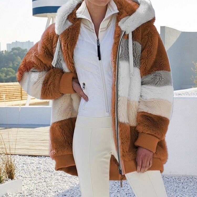 Damen Fleecejacke mit Kapuze Farbblock Optik für Herbst & Winter