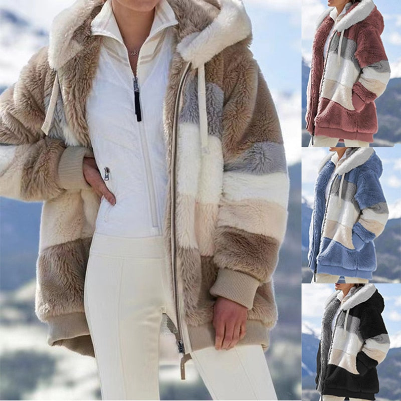 Damen Fleecejacke mit Kapuze Farbblock Optik für Herbst & Winter