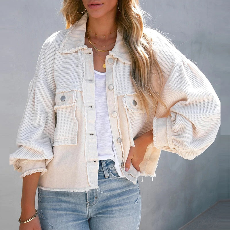 Damen Kurzjacke mit Puffärmeln modisch für Herbst und Frühling