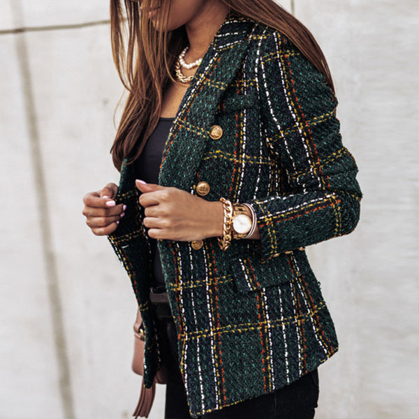 Damen Karo-Blazer im doppellagigen Design mit goldfarbenen Knöpfen
