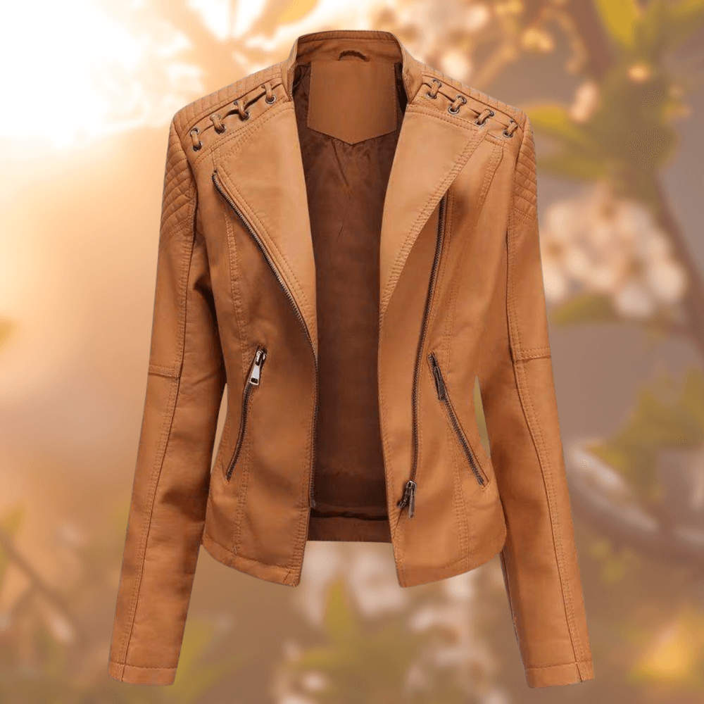 Klassische Damen-Lederjacke mit Reißverschluss und Zierdetails