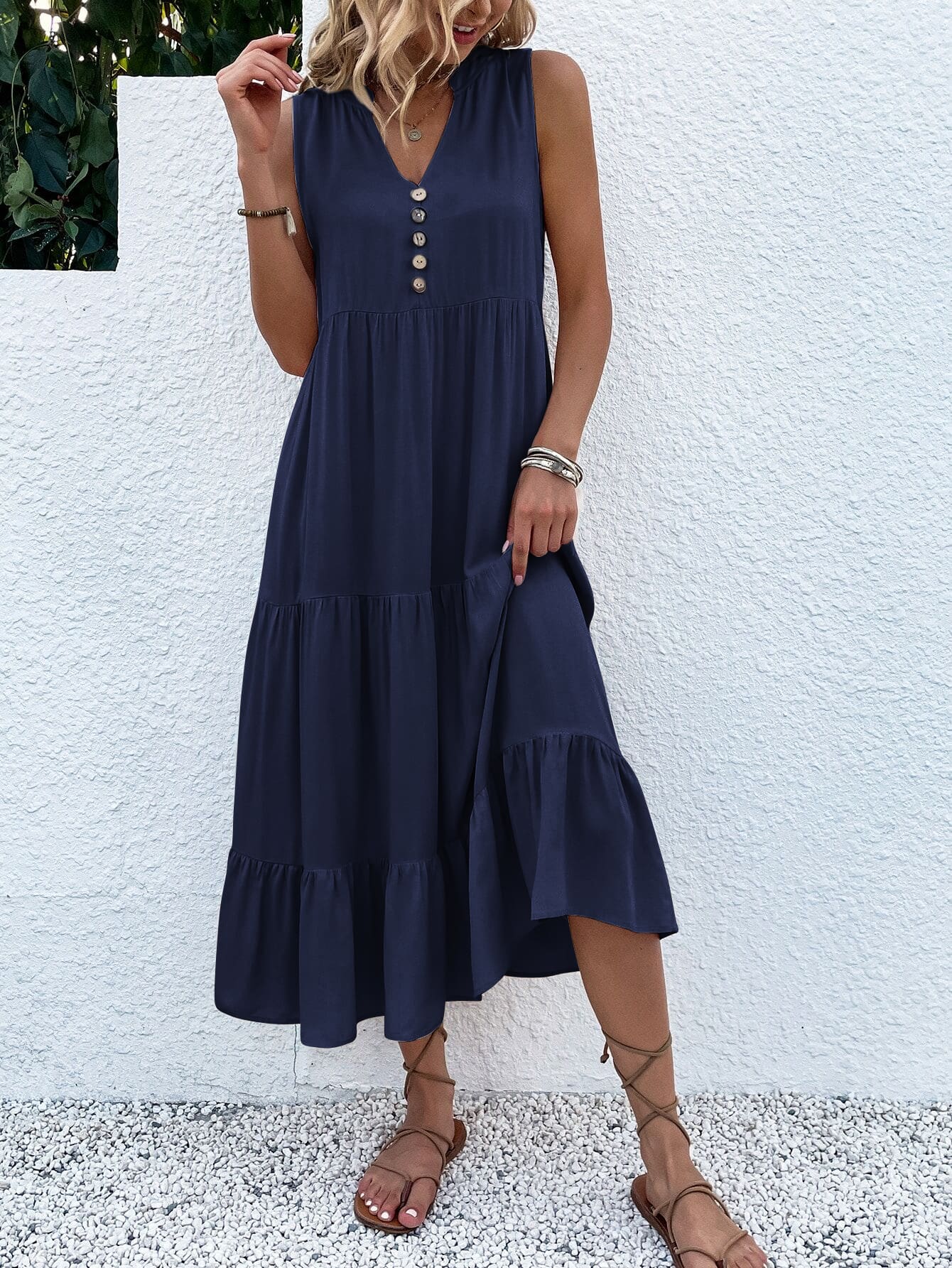 Sommerkleid Damen ärmellos mit Knopfleiste und Stufenrock luftig bequem