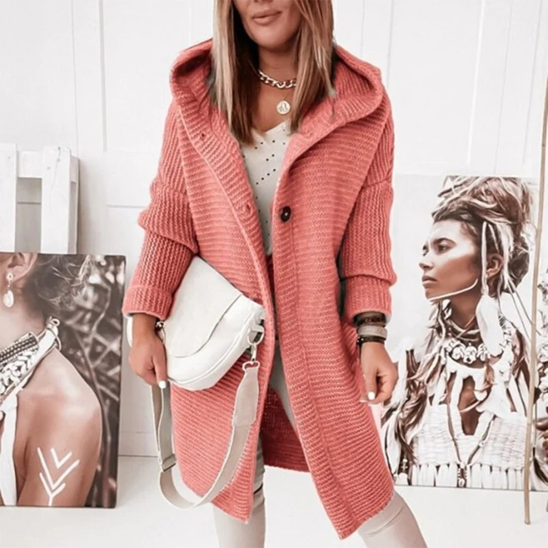 Halblanger Gestrickter Damen-Cardigan mit Knopfleiste und Kapuze