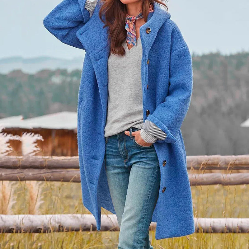 Damen Übergangsjacke lang mit Kapuze im Wollmix Look