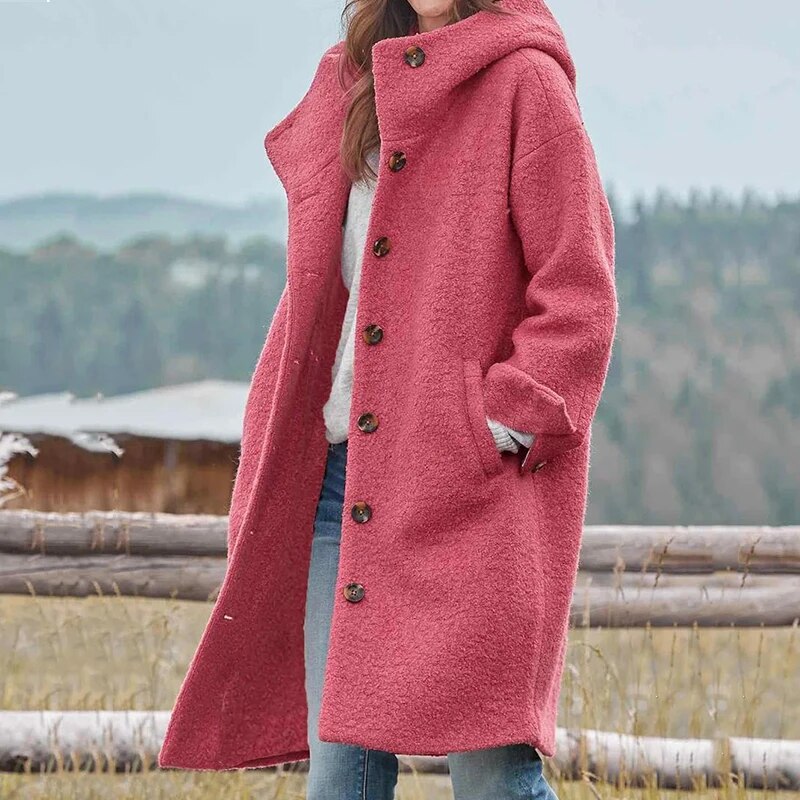 Damen Übergangsjacke lang mit Kapuze im Wollmix Look