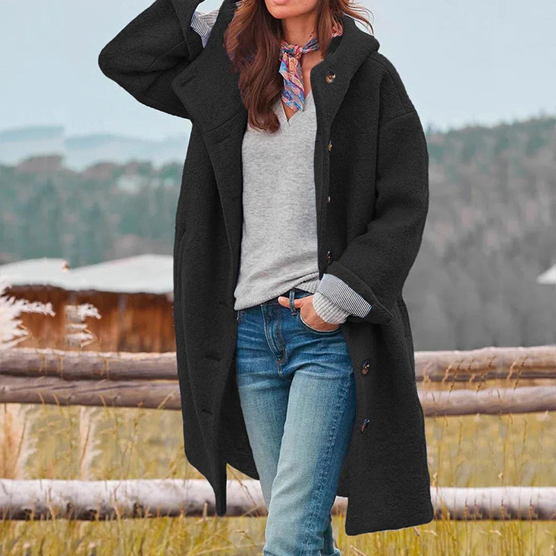 Damen Übergangsjacke lang mit Kapuze im Wollmix Look