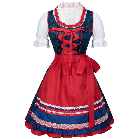 Traditionelles Dirndlkleid in Rot-Blau mit Schürze – ideal fürs Oktoberfest