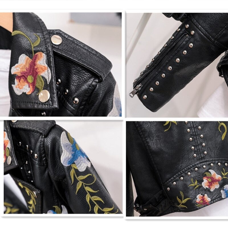 Bestickte Damen Kunstlederjacke im Bikerstil