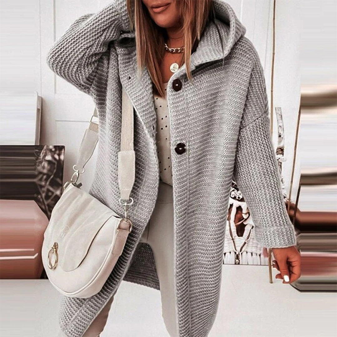 Halblanger Gestrickter Damen-Cardigan mit Knopfleiste und Kapuze