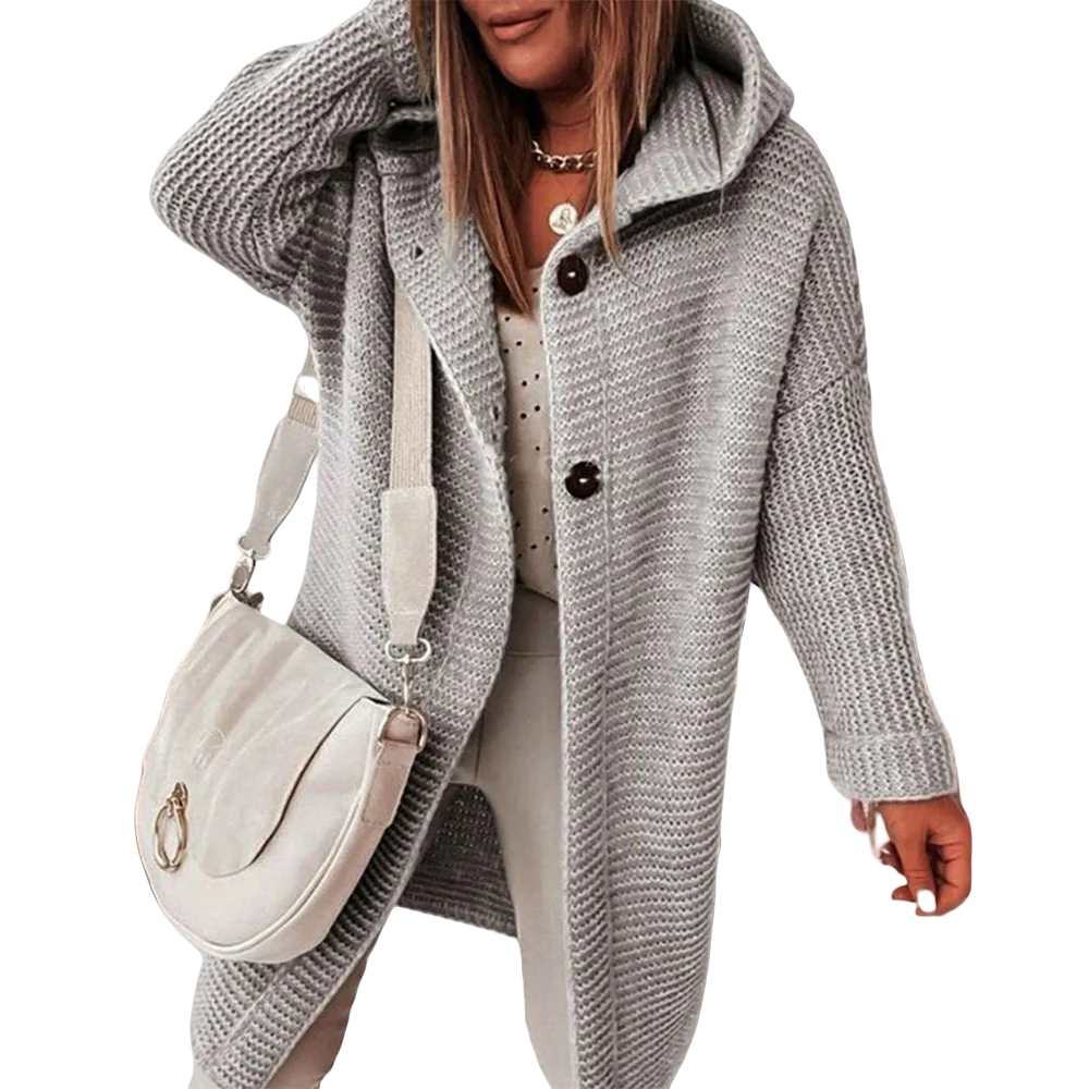 Halblanger Gestrickter Damen-Cardigan mit Knopfleiste und Kapuze