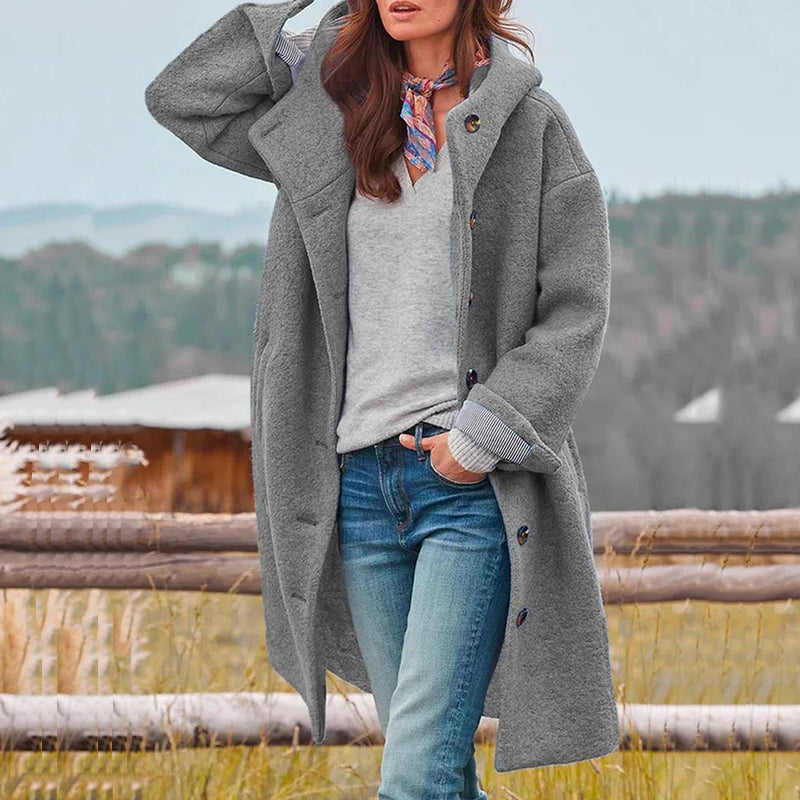 Damen Übergangsjacke lang mit Kapuze im Wollmix Look