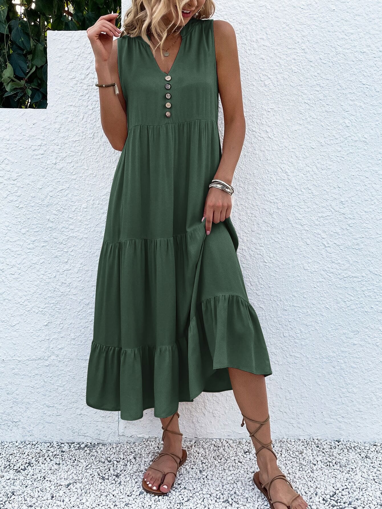 Sommerkleid Damen ärmellos mit Knopfleiste und Stufenrock luftig bequem