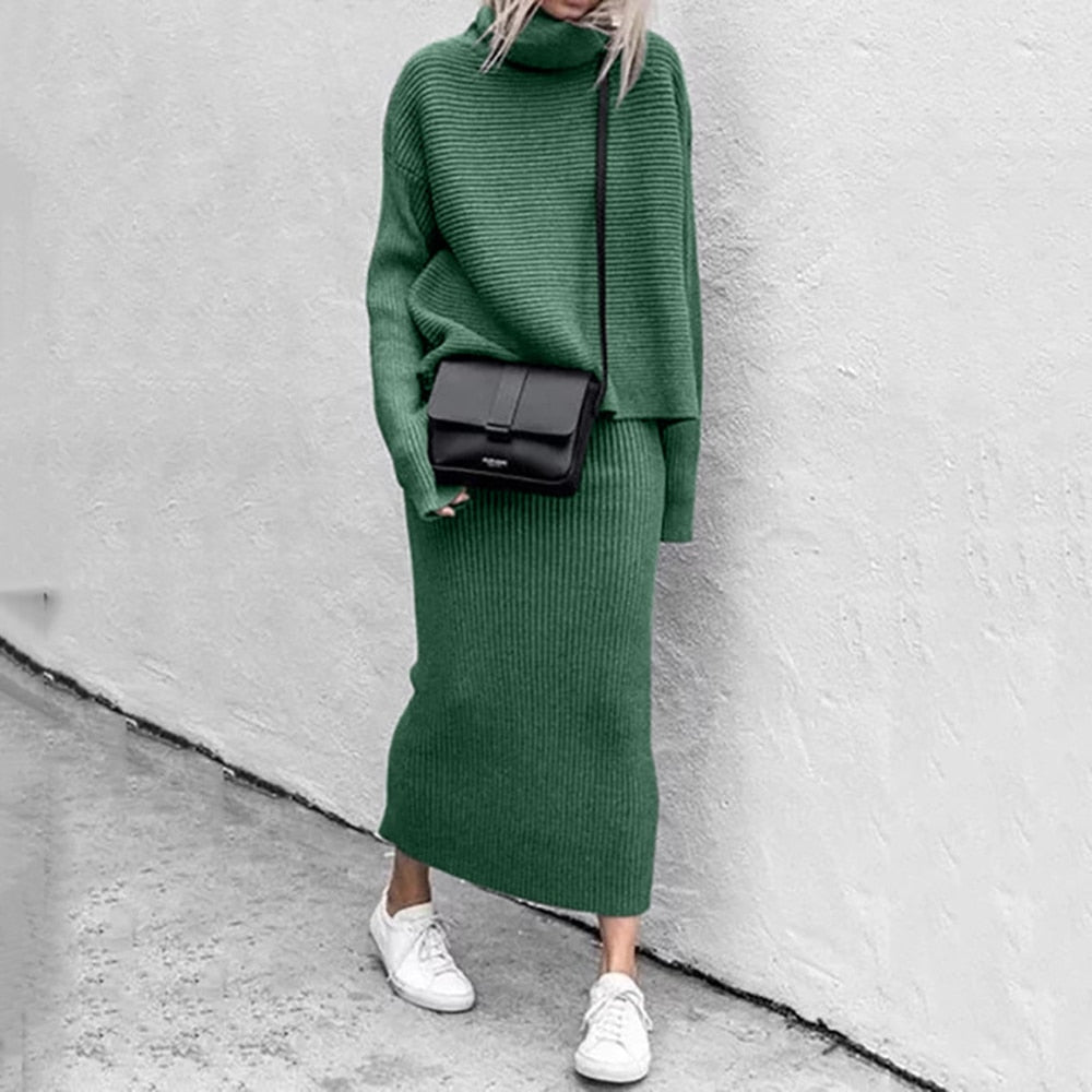 Zweiteiliges Strickset Damen mit lockerem Pullover und Midirock