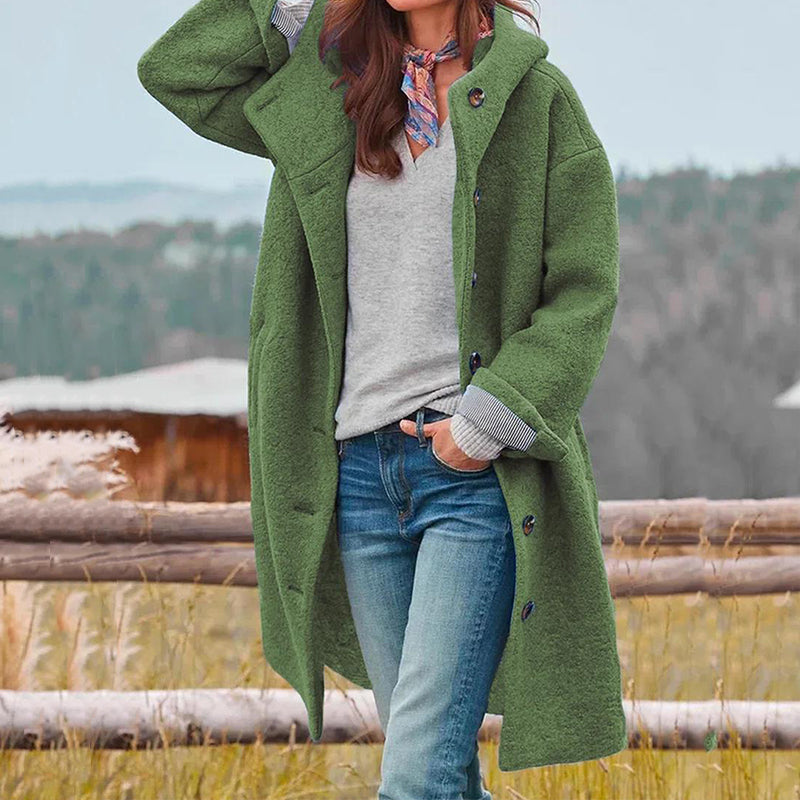 Damen Übergangsjacke lang mit Kapuze im Wollmix Look