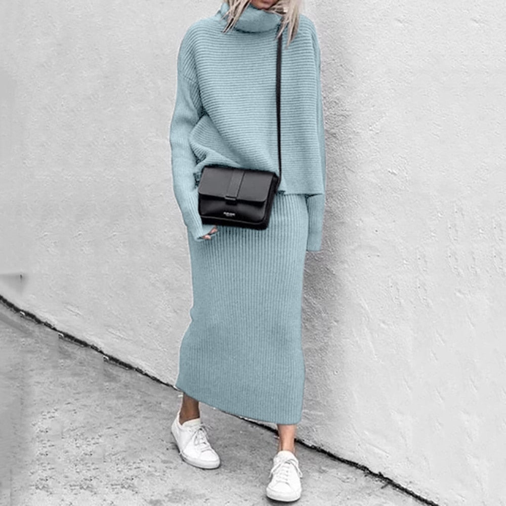 Zweiteiliges Strickset Damen mit lockerem Pullover und Midirock