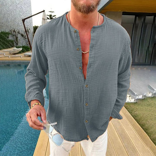 Herren Leinenhemd Langarm Unifarben mit Stehkragen