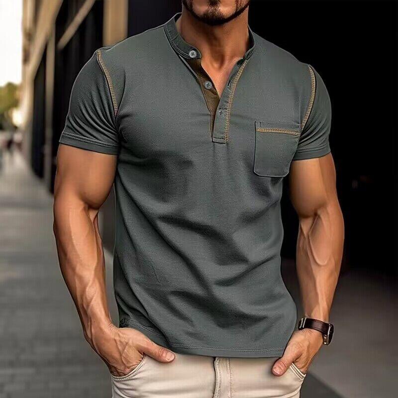 Herren Baumwollshirt mit Henleykragen und Farbakzenten