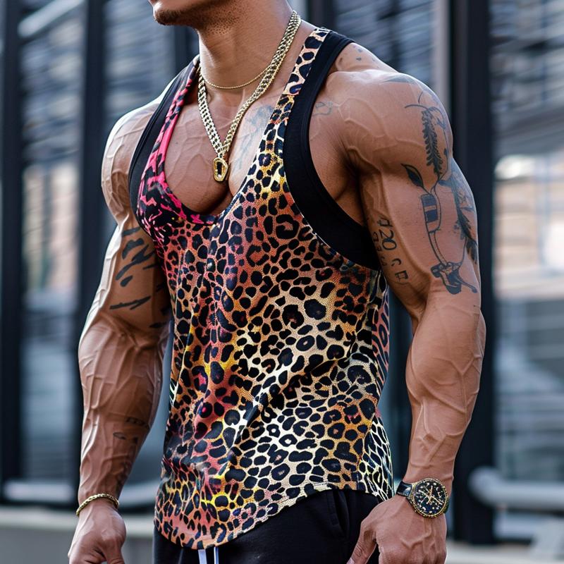 Herren Tanktop mit Leopardenmuster und U-Ausschnitt aus Baumwollmischung