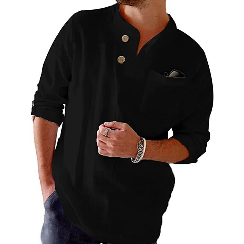 Herren Leinenhemd mit Stehkragen und Brusttasche