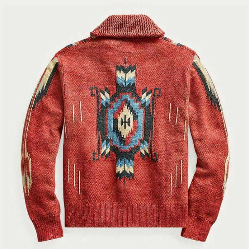 Herren Vintage Jacquard Strick-Cardigan mit Reverskragen und langen Ärmeln