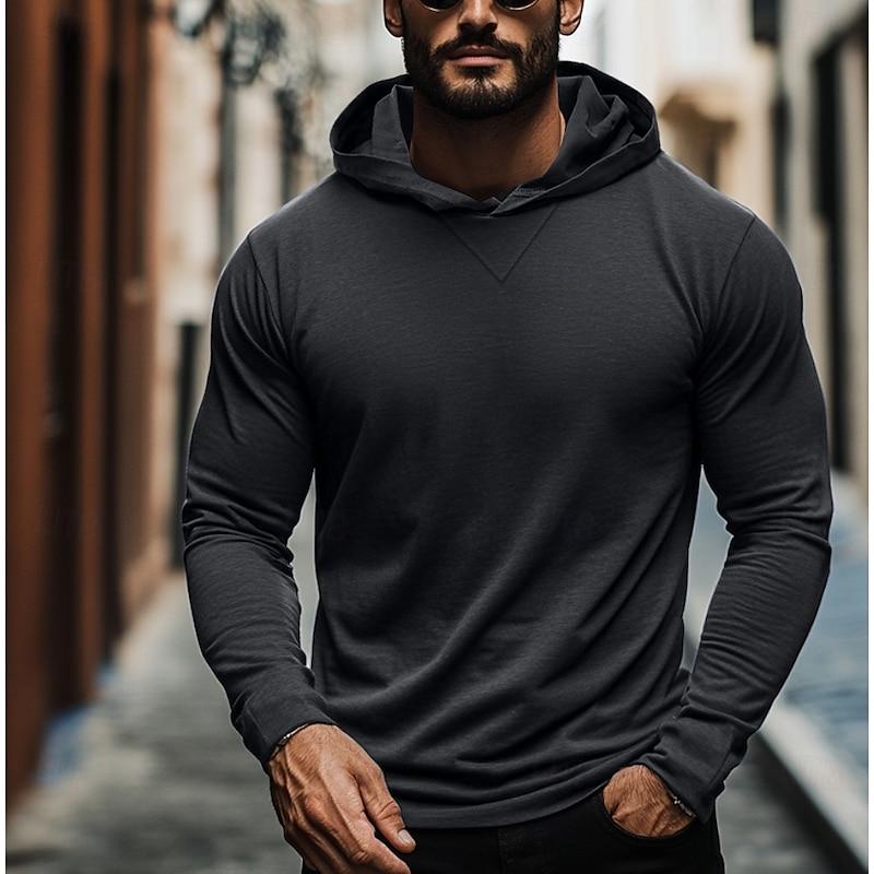 Herren Kapuzen-Langarmshirt in Uni-Farben – Lockerer Schnitt
