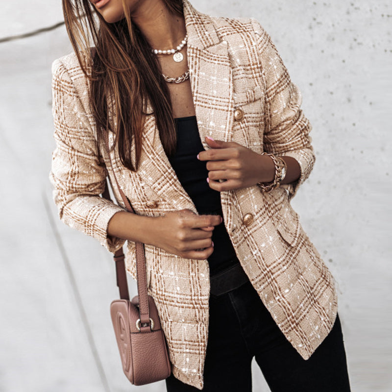 Damen Karo-Blazer im doppellagigen Design mit goldfarbenen Knöpfen