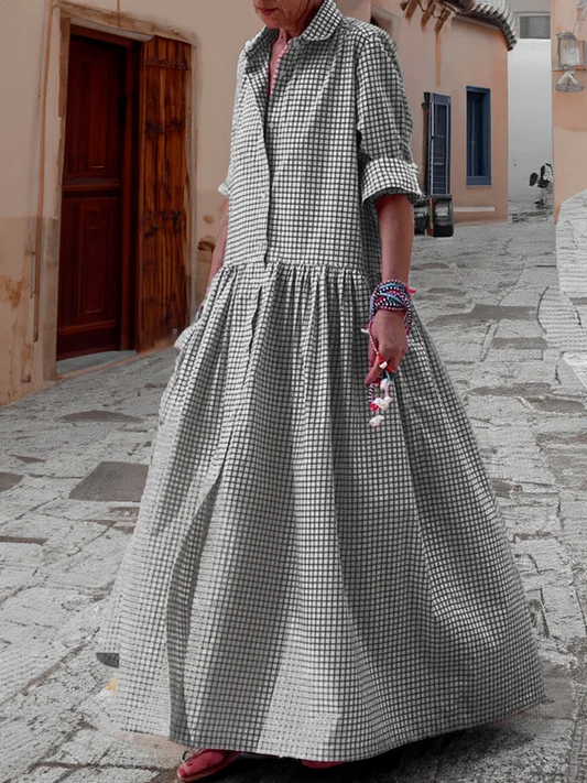 Swingkleid Damen kariert mit langen Ärmeln und Hemdkragen luftig leger