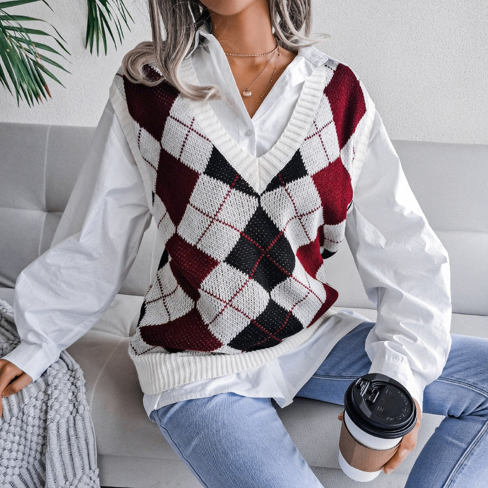 Damen Pullunder Argyle Muster Strick