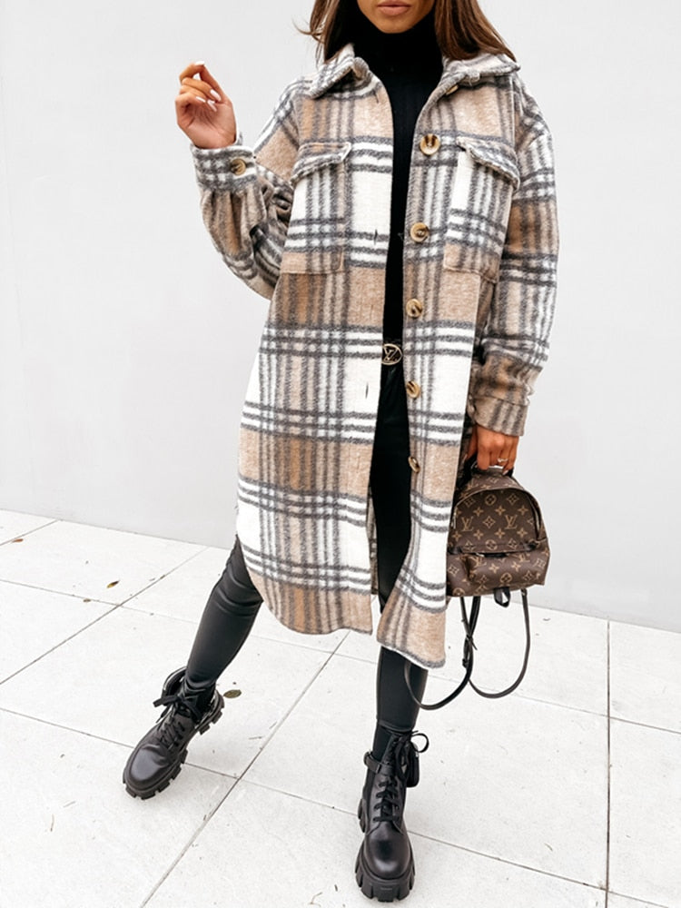 Damen karierte Longjacke in Wolloptik mit Knöpfen für Herbst & Winter