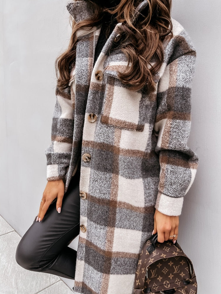 Damen karierte Longjacke in Wolloptik mit Knöpfen für Herbst & Winter