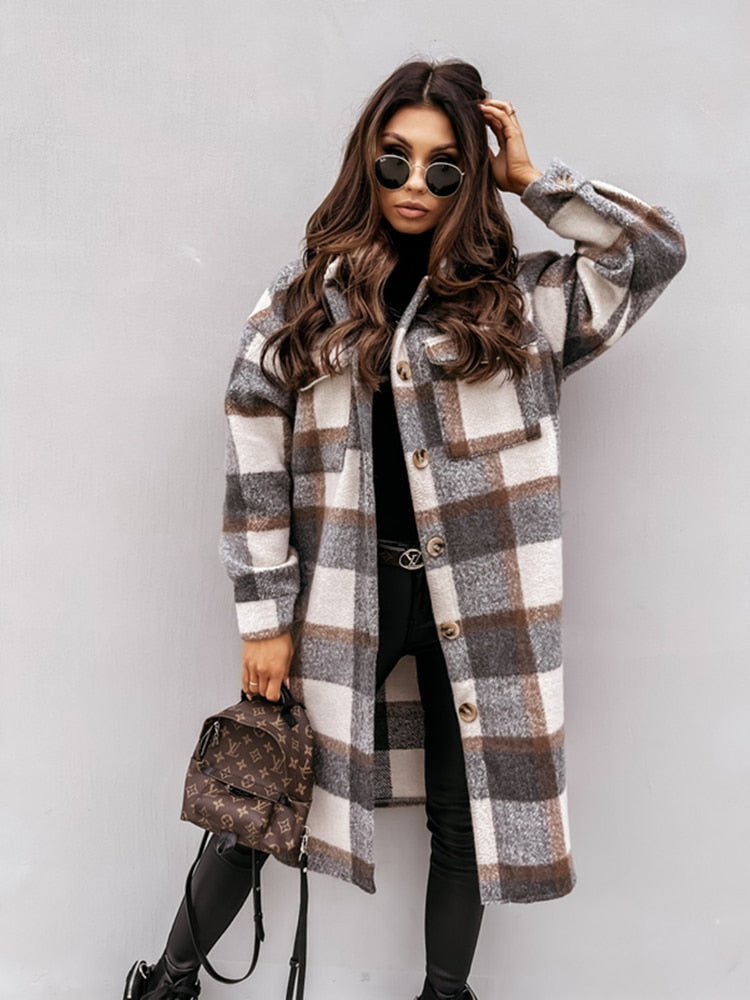 Damen karierte Longjacke in Wolloptik mit Knöpfen für Herbst & Winter