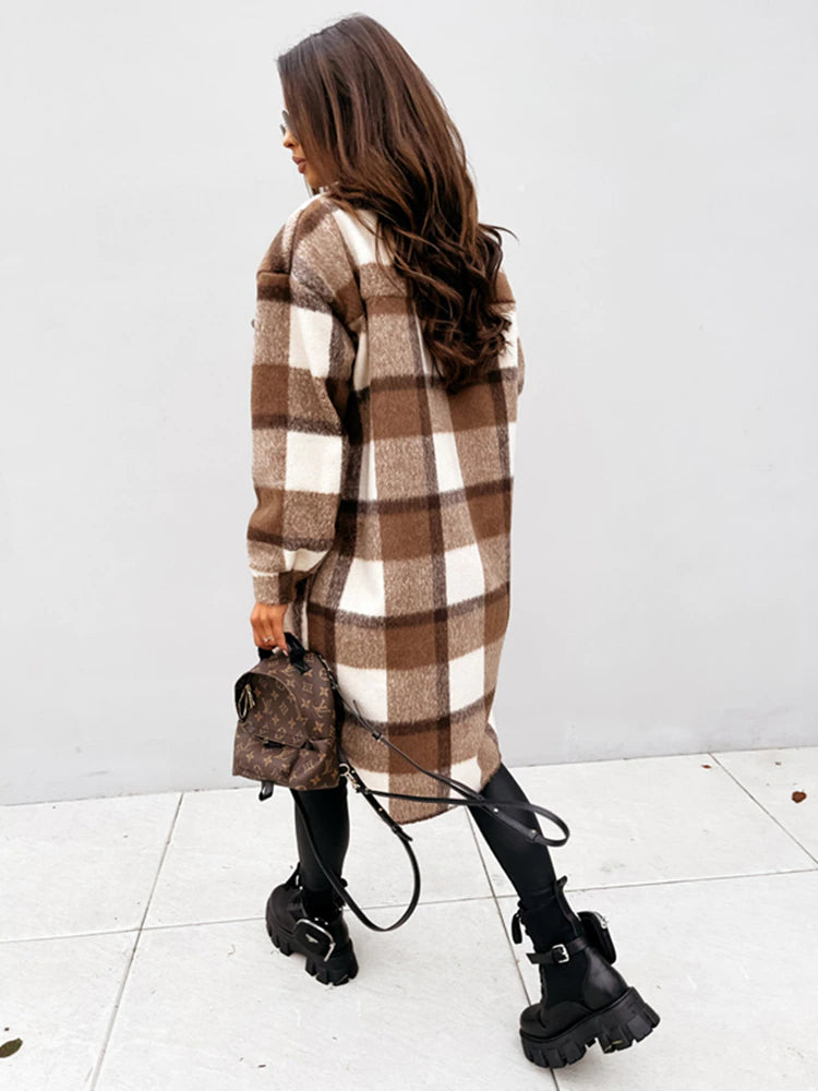 Damen karierte Longjacke in Wolloptik mit Knöpfen für Herbst & Winter