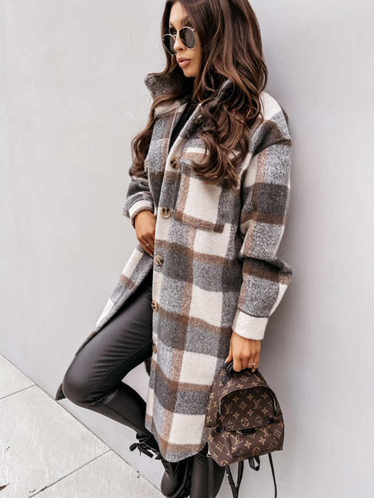 Damen karierte Longjacke in Wolloptik mit Knöpfen für Herbst & Winter