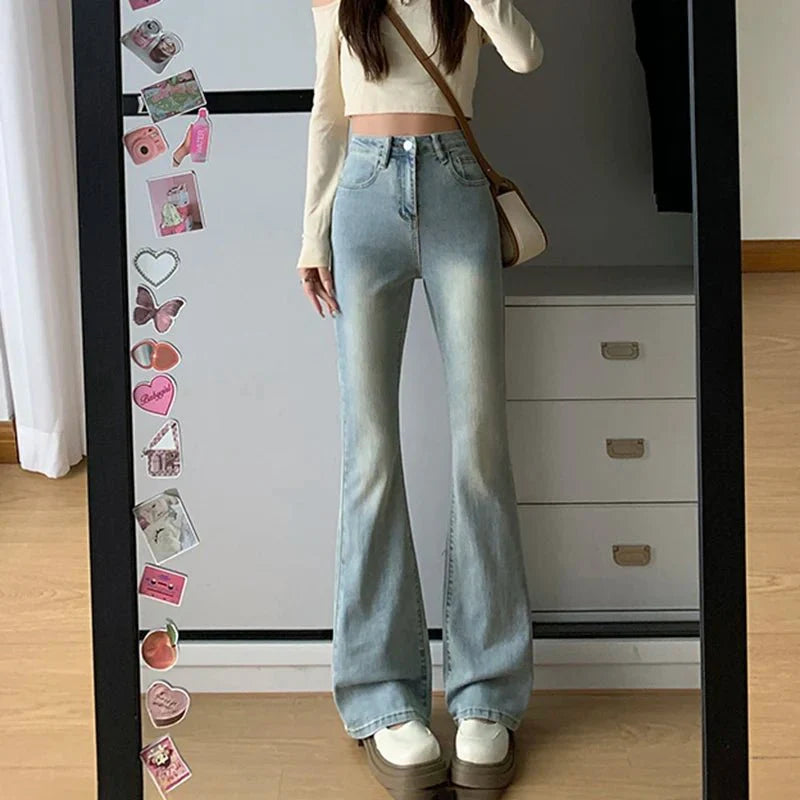 Damen Bootcut-Jeans mit hoher Taille und ausgestelltem Bein