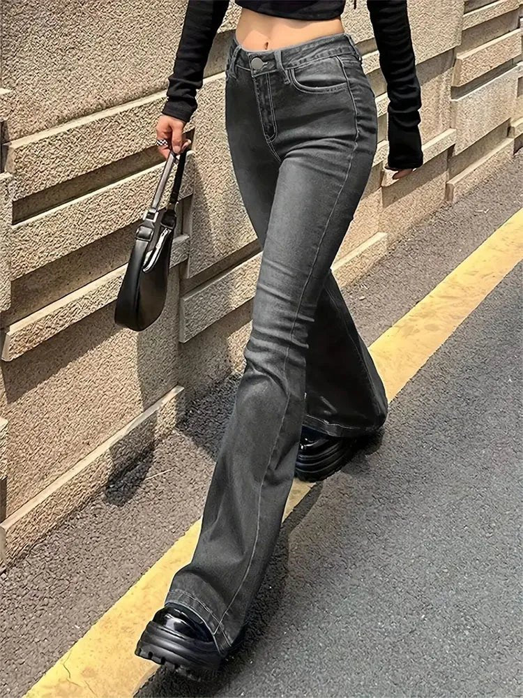 Damen Bootcut-Jeans mit hoher Taille und ausgestelltem Bein