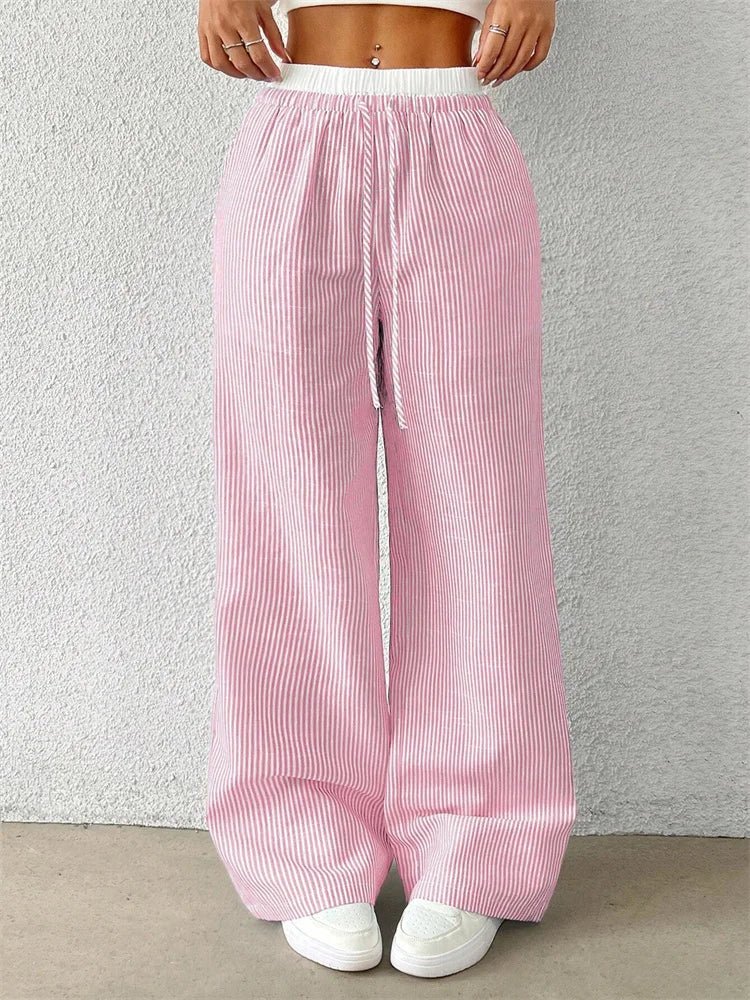Damen Gestreifte Freizeithose mit Kordelzug und weitem Bein