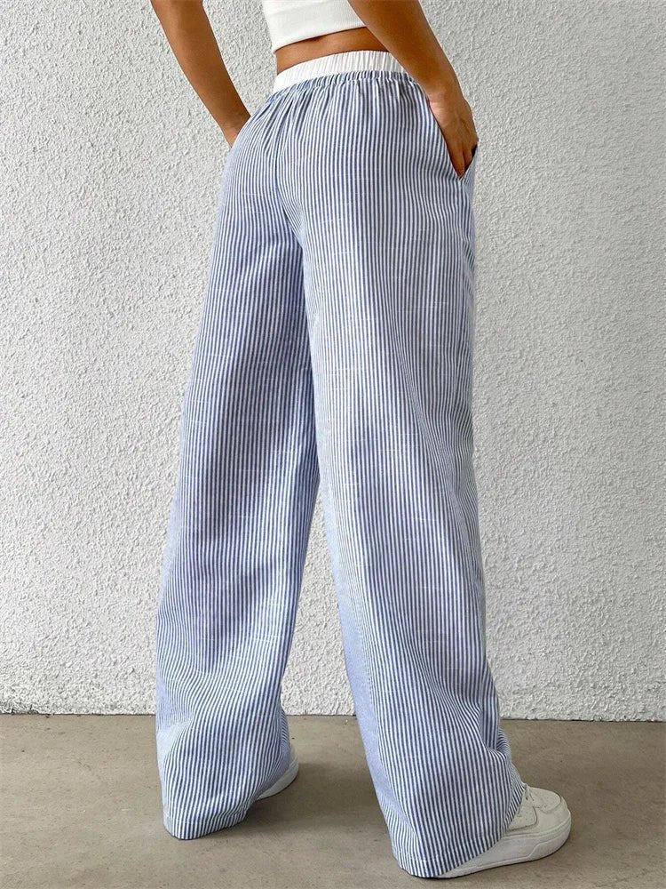 Damen Gestreifte Freizeithose mit Kordelzug und weitem Bein